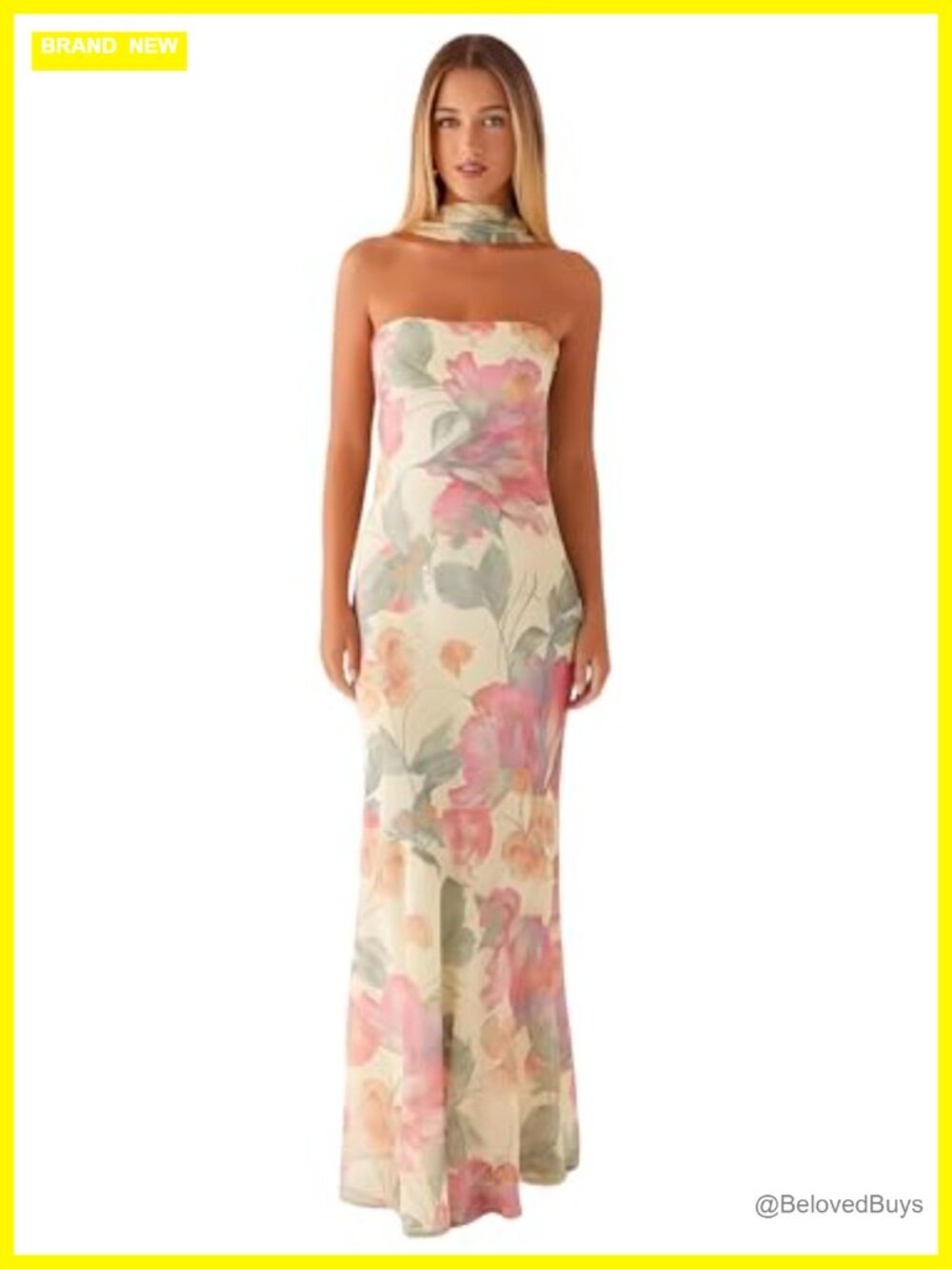 Floral Strapless Tube Maxi Dress Bodycon Long Dress with Scarf